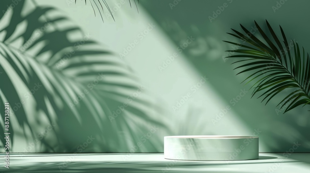 Poster abstract cosmetic product presentation with empty podium and tropical palm leaf shadow on green back
