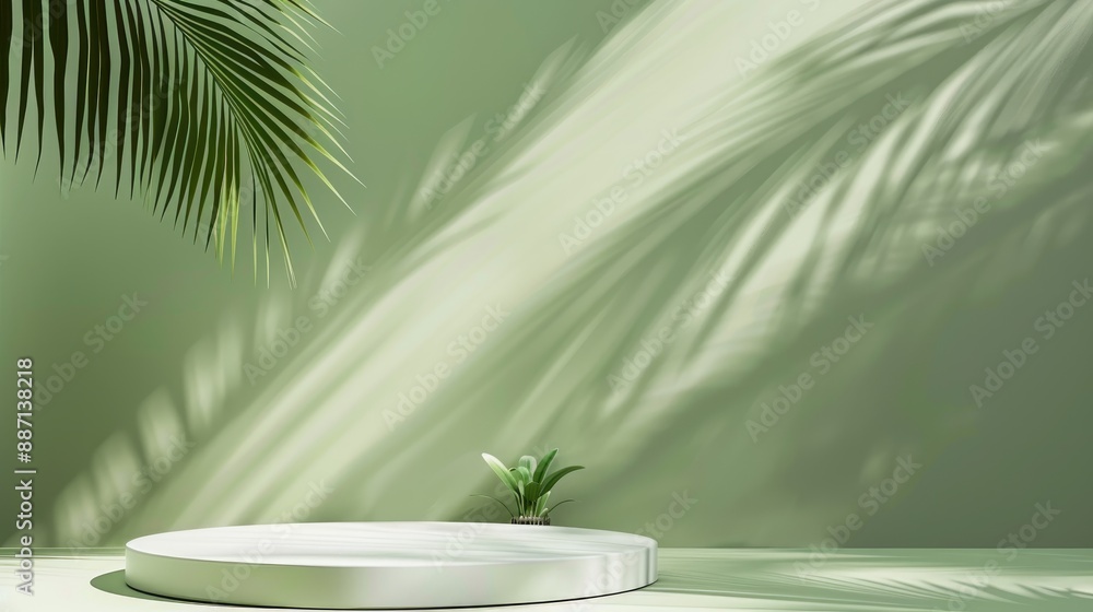 Poster abstract cosmetic product presentation with empty podium and tropical palm leaf shadow on green back