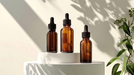 Brown glass dropper containers on white pedestal Eco friendly organic skincare set