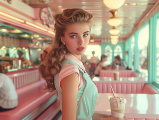 A person in a striped dress at a retro-style diner table with a pink milkshake and smartphone; face...