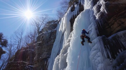 Ice climber scaling frozen waterfall with high risk of falling if the icewall break, with copy space