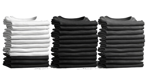 3 Set of pile stack group of folded blank black grey gray white tee t shirt sweater round neck on transparent background cutout, PNG file. Mockup template for artwork graphic design