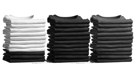 3 Set of pile stack group of folded blank black grey gray white tee t shirt sweater round neck on transparent background cutout, PNG file. Mockup template for artwork graphic design