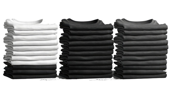 3 Set of pile stack group of folded blank black grey gray white tee t shirt sweater round neck on transparent background cutout, PNG file. Mockup template for artwork graphic design