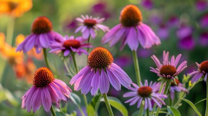 Fototapeta premium 1. Bright purple echinacea flowers with their cone-shaped centers in a garden setting