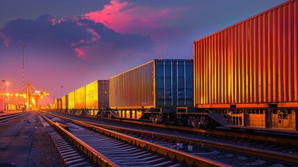 Obraz premium Intermodal container being transferred to trains a yard, with copy space, cargo,, shipping, truck, industry, transfer, business, handling, industrial, transport, trailer, 