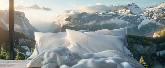 A White Pillow And Blanket With A Mountain Scenery View In The Morning, Outdoor On A Balcony, Offering Comfort And Serenity