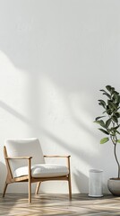 Minimalist living room, cozy wooden chair, white cushion, indoor plant, white wall, natural light, peaceful atmosphere, mock up for painting, emty wall