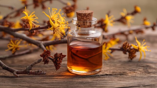 2. A bottle of witch hazel extract with witch hazel twigs and leaves on a wooden surface