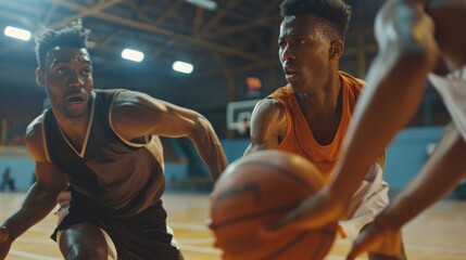 Fototapeta premium Two basketball players battle for possession of the ball during a heated indoor game