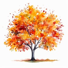 Fototapeta premium A single tree stands against a white background, its leaves painted in shades of red, yellow, and orange