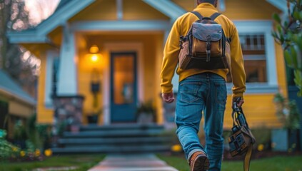 Back of professional handyman or repairman with bag and tools walking into the front door house
