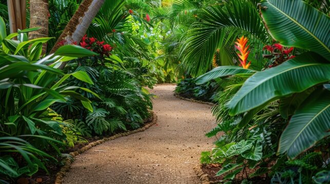 Lush tropical garden path leading to distant destination, nature walk photography, with copy space