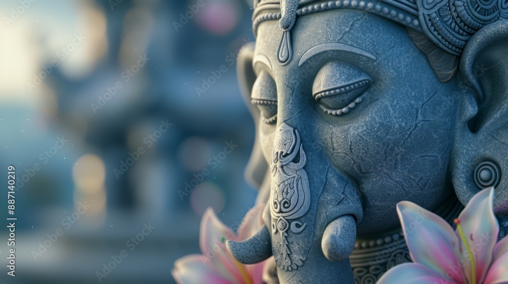 Poster a statue of a face with a large nose and a flower in front of it, ganesha