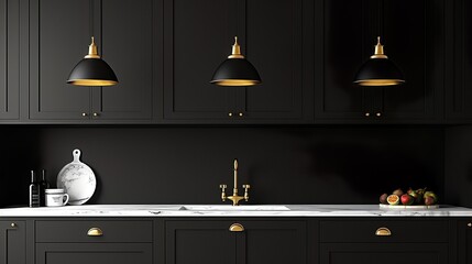 Modern Black Kitchen with Sleek Design and Marble Backsplash Featuring Gold Accents