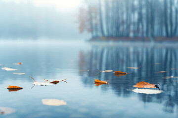 Close up of autumn leaves floating on water, blue lake with trees in the background, foggy morning, pastel colors, minimalist style 