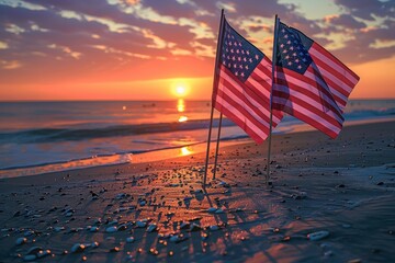 Sharp focus captures the intricate details of the American flags waving in the gentle breeze as the sun sets on a beach, a poignant reminder of Memorial Day.