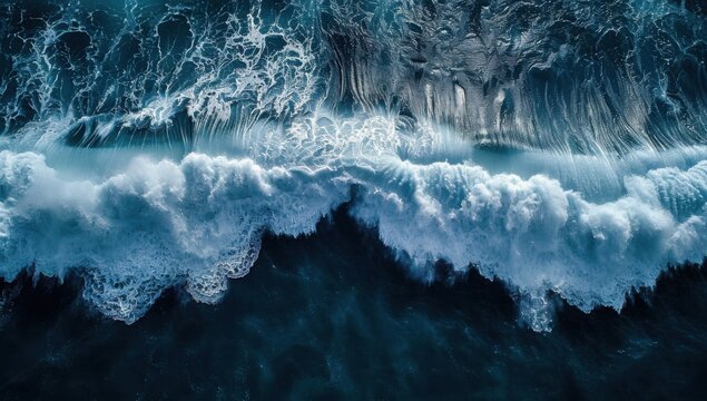 Aerial drone view or top view perspective photography of a beautiful transparent clear sea or ocean waves and foam splashing on the dark navvy blue or gray sand beach