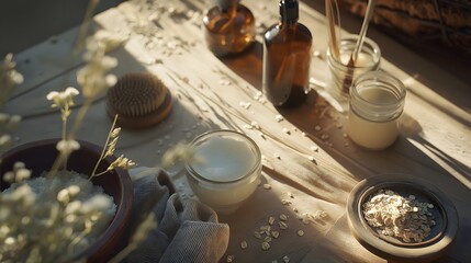 Fototapeta premium 4. A soothing skincare scene featuring oat extract among other natural products, set in a cozy environment