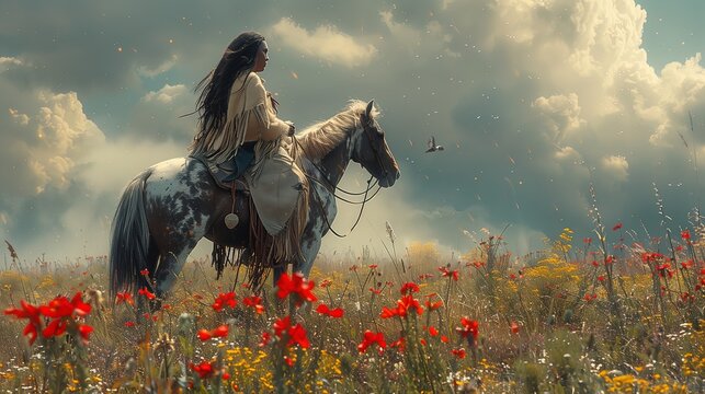 WAtercolor of an Indian chief on his horse on the great American plains