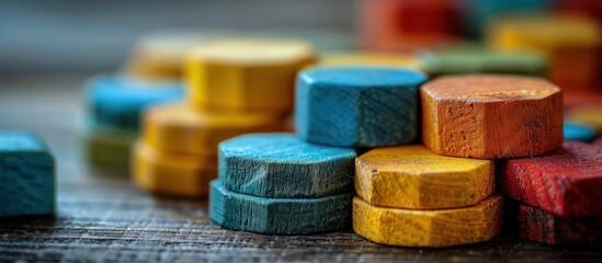 Close-up of Colorful Wooden Blocks on a Wooden Surface