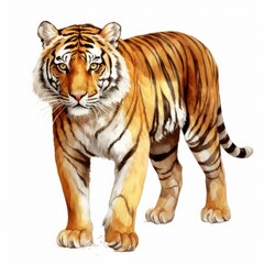 Obraz premium Tiger with black stripes and white belly gazes at viewer on white background, head turned to the left