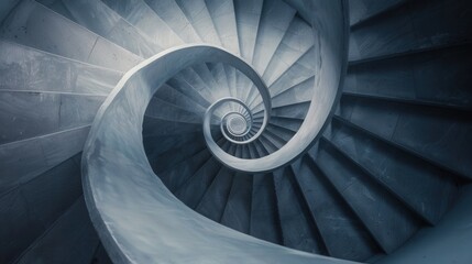 Minimalist staircase spiraling upward giving the sense of never-ending steps, with copy space