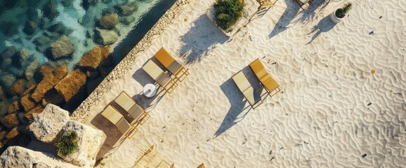 An Aerial Top View Of A Relaxing Place On The Beach With Chairs And Sun Loungers, Inviting Relaxation And Leisure