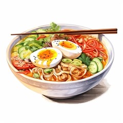A watercolor illustration of a bowl of ramen with two soft-boiled eggs, cucumber, red pepper, scallions, and cilantro on top