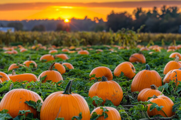 Close-up view of  pumpkins in pumpkin patch at sunset, orange and green colors, photo taken from ground level...