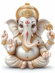 A white elephant statue of ganesh with a red nose and a gold crown, Ganesha