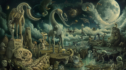 Fototapeta premium Bizarre creatures in a fantastical landscape