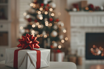 Single Christmas Gift with Red Bow and Tree Background