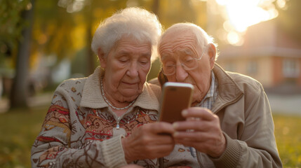 An elderly couple sitting outside, closely examining a smartphone together in a park.