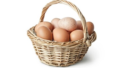 Brown chicken eggs in a wicker basket, front view, isolated on white background with clipping path