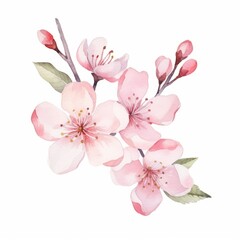 Fototapeta premium A watercolor painting depicting a branch of pink cherry blossoms in full bloom against a white background