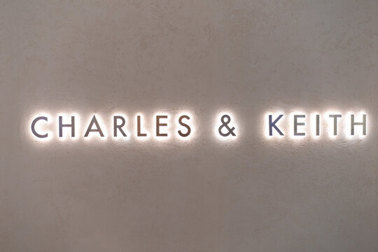 KUALA LUMPUR, MALAYSIA - DECEMBER 01, 2023: close up shot of Charles and Keith sign. Charles and Keith is a Singaporean brand known for its stylish footwear, bags, and accessories.