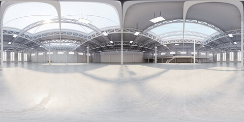 Full spherical hdri panorama 360 degrees of empty exhibition space. backdrop for exhibitions and events. Tile floor. Marketing mock up. 3D render illustration	