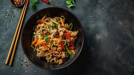 Close-up of delicious stir-fry noodles with meat and vegetables in wok on grey textured table, top view. Perfect for Asian food lovers.