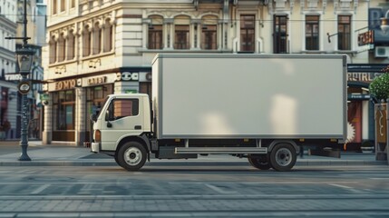 WHITE TRUCK WITH SPACE FOR ADVERTISING DRIVING ON THE STREET