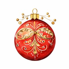 A red Christmas ornament with gold accents and a loop on top is depicted in a watercolor painting
