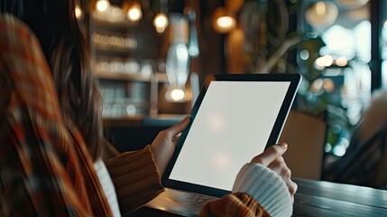 Close-up of woman hands using digital tablet with blank screen in modern coffee shop. Mockup for app or website design.