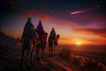 Journey of the magi. The three wise men are riding on camels in the desert at dusk, wearing colorful robes and crowns, following the comet star shining bright in the sky and pointing to Bethlehem.