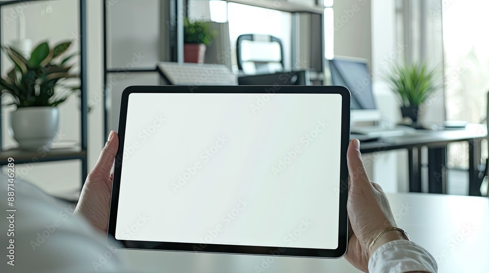 Aufkleber executive displaying mockup ipad digital tablet with blank screen in modern corporate workspace. per