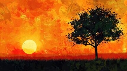 Sunset silhouette of tree on abstract nature backdrop