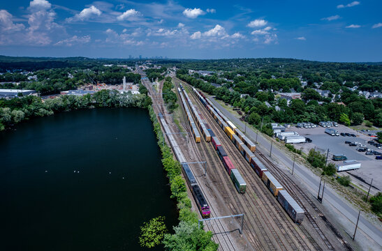 Aerial view of Dedham and Boston Massachusetts on a hot summer day 