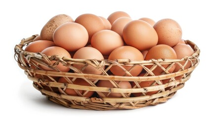 Fresh chicken eggs stacked in wicker bamboo basket, isolated on white background, food and nutrition advertising