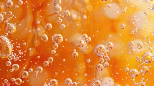 Vibrant orange bubbles in mineral water captured in macro art photography
