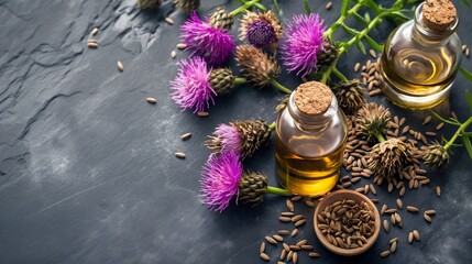 Fototapeta premium 2. A bottle of milk thistle extract with milk thistle flowers and seeds arranged around it