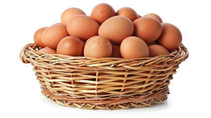 Front view of brown chicken eggs stacked in wicker basket, isolated on white background with clipping path